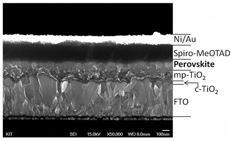 Ni/Au, Spiro-MeOTAD, Perovskite, mp-TiO₂, c-TiO₂, FTO